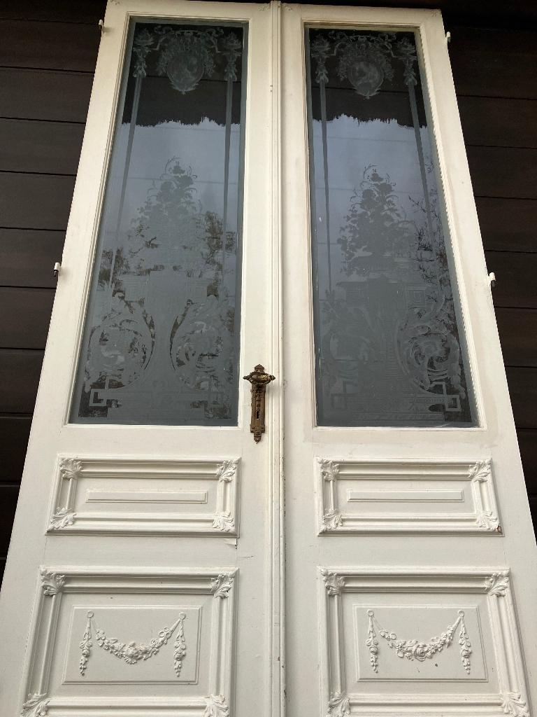 Hoge antieke dubbele ensuite deur met art Deco geëtst glas!!, Ophalen, Gebruikt, Binnendeur, Glas