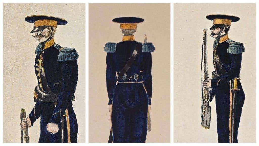 Drie aquarellen van een officier in verschillende poses, Ophalen of Verzenden, Zo goed als nieuw, Voor 1940, Algemeen