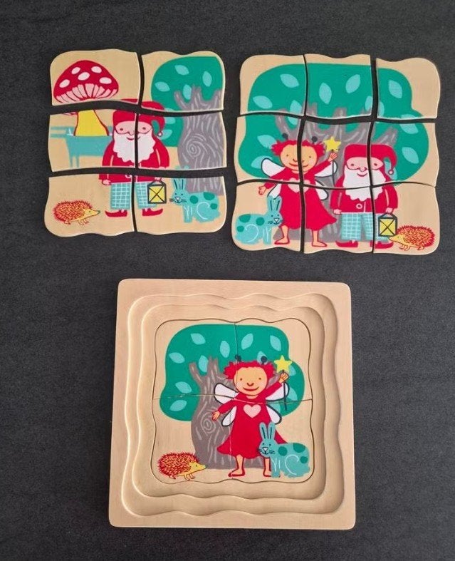 Houten 3-in-1 Puzzel: Kabouter, Egel & Konijn, 2 tot 4 jaar, Ophalen of Verzenden, Zo goed als nieuw, Van hout