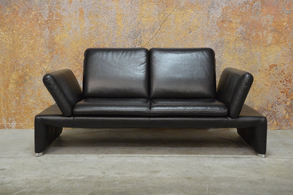 IZGS zwarte leren Framati design bank verstelbare armleuning, Framati, 150 tot 200 cm, Tweepersoons, 75 tot 100 cm