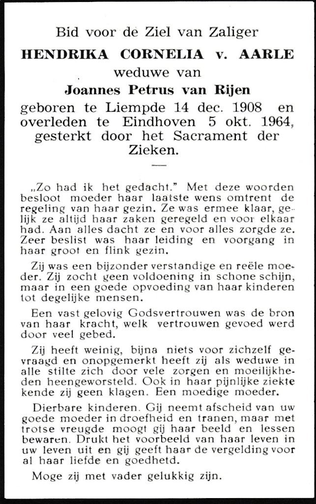 Aarle Hendrika 1908 Liempde 1964 Eindhoven, Verzamelen, Bidprentjes en Rouwkaarten, Ophalen of Verzenden, Bidprentje
