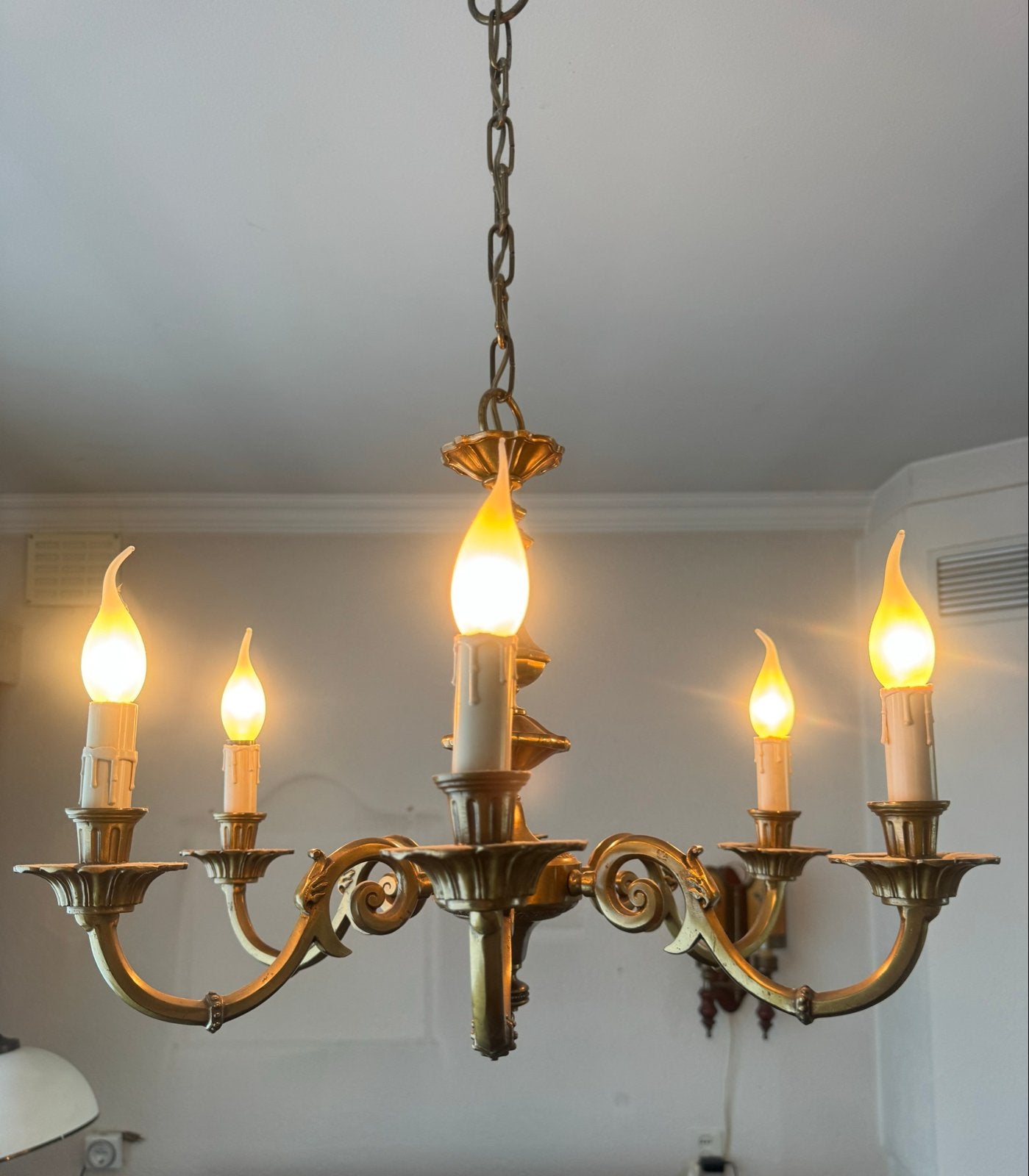 Antieke Vijfarmige Kroonluchter - Goudkleurig Brons, Antiek en Kunst, Antiek | Lampen, Ophalen