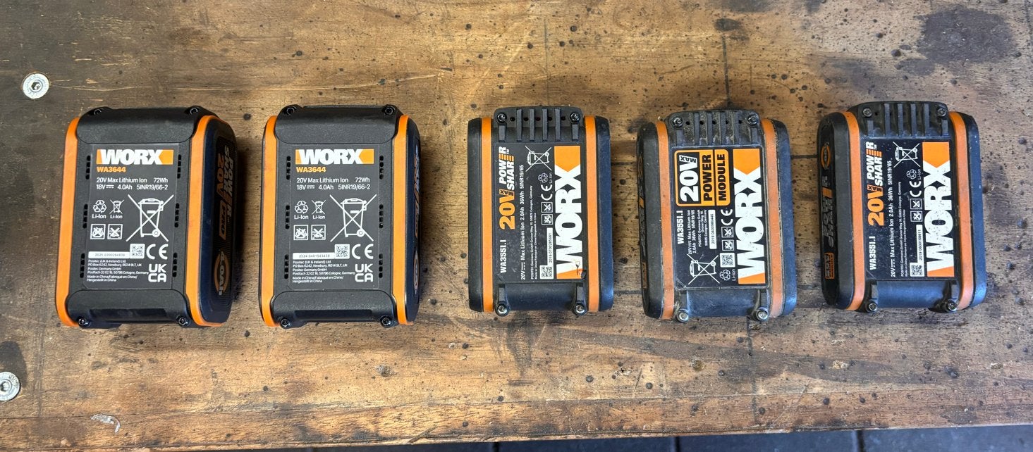Worx PowerShare accu's (2x 4.0Ah, 3x 2.0Ah) + houders, Ophalen of Verzenden, Gebruikt, Overige merken, Overige typen