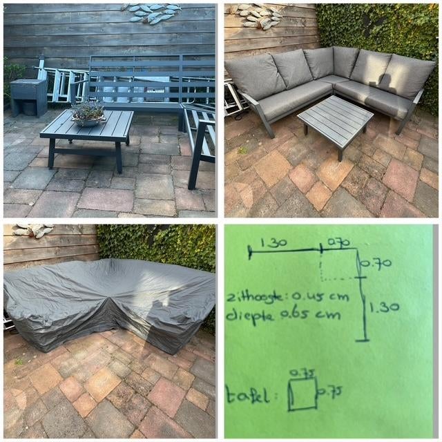 heerlijke loungebank met tafel, Ophalen, 5 zitplaatsen, Aluminium, Zo goed als nieuw