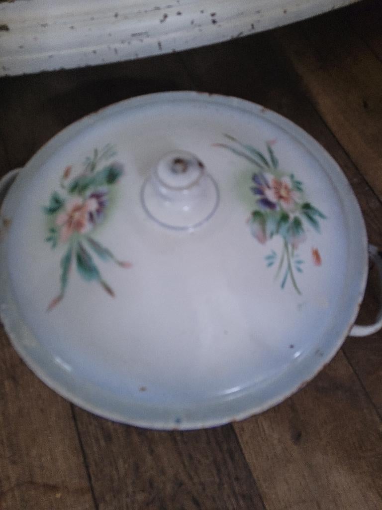 Zeer oude emaille pan met japy decor, Antiek en Kunst, Antiek | Emaille, Ophalen of Verzenden