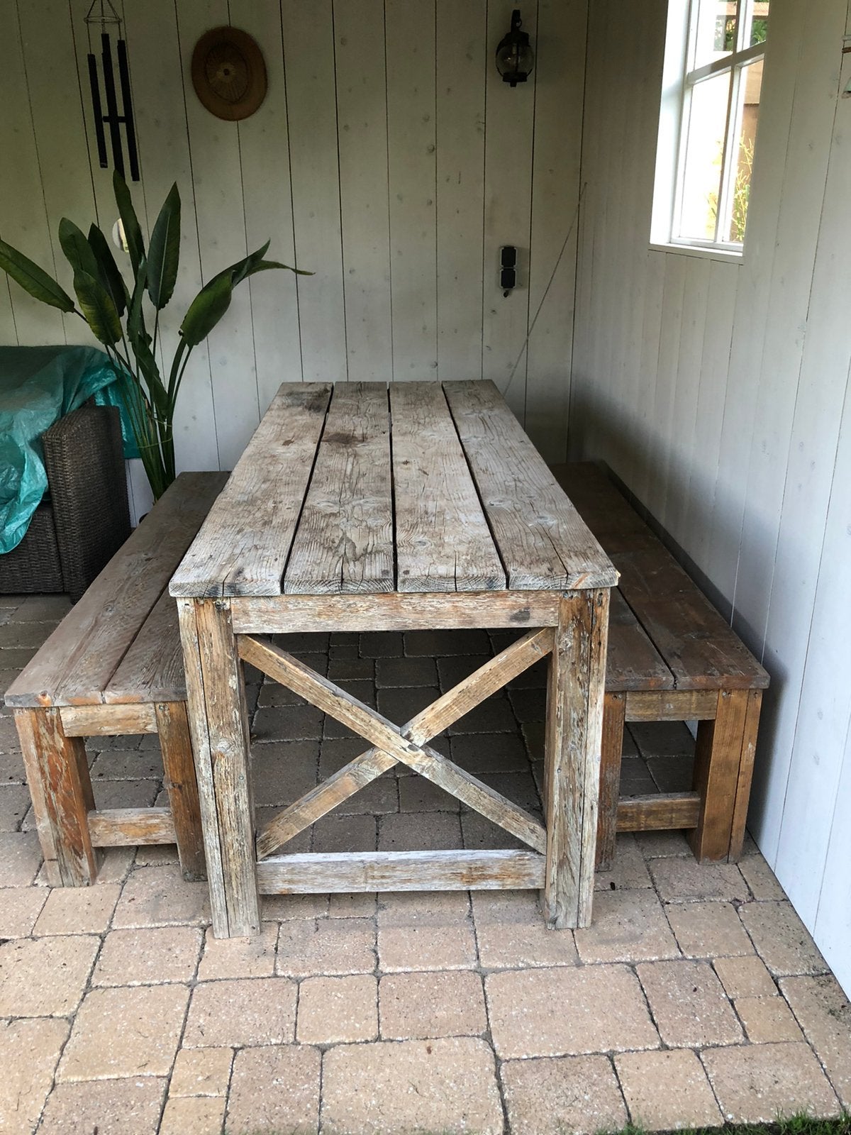 Steigerhouten tuintafel met 2 banken, Ophalen, Gebruikt, Steigerhout