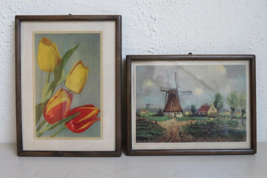 Vintage ingelijste afbeeldingen: tulpen en molen, Antiek en Kunst, Ophalen of Verzenden