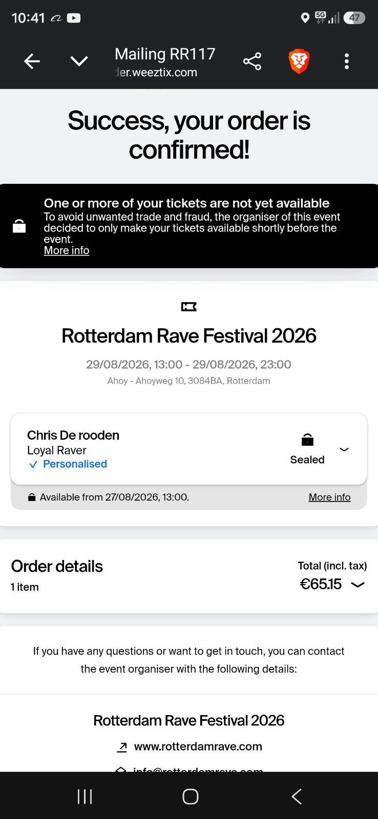 Rotterdam rave festival 1 ticket  115, Tickets en Kaartjes, Concerten | Dance, Eén persoon