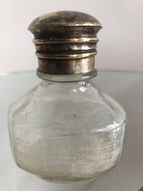 oud glazen inktpotje met koperen scharnier sluiting., Antiek en Kunst, Ophalen of Verzenden