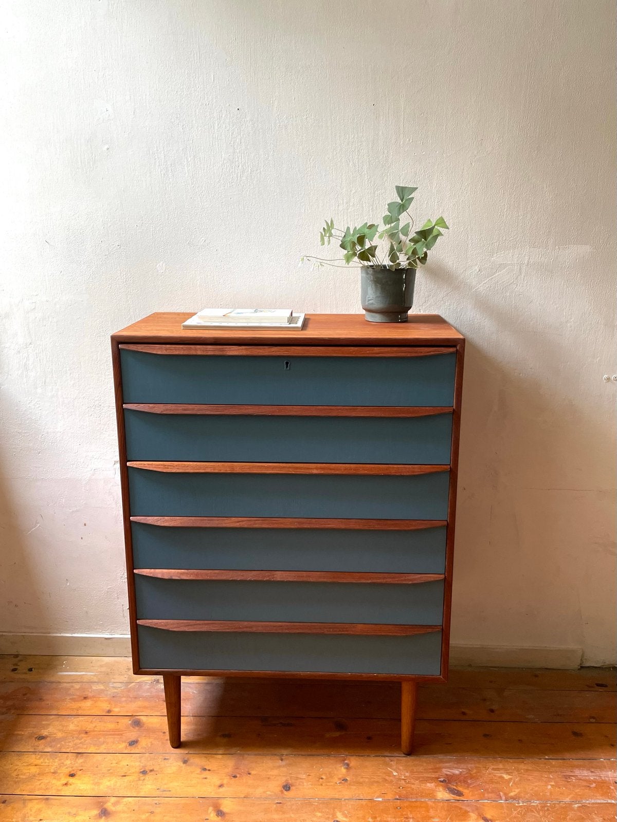Vintage Deens Design Teak Tallboy met 6 Laden, Gebruikt, 5 laden of meer, 100 tot 150 cm, Teakhout