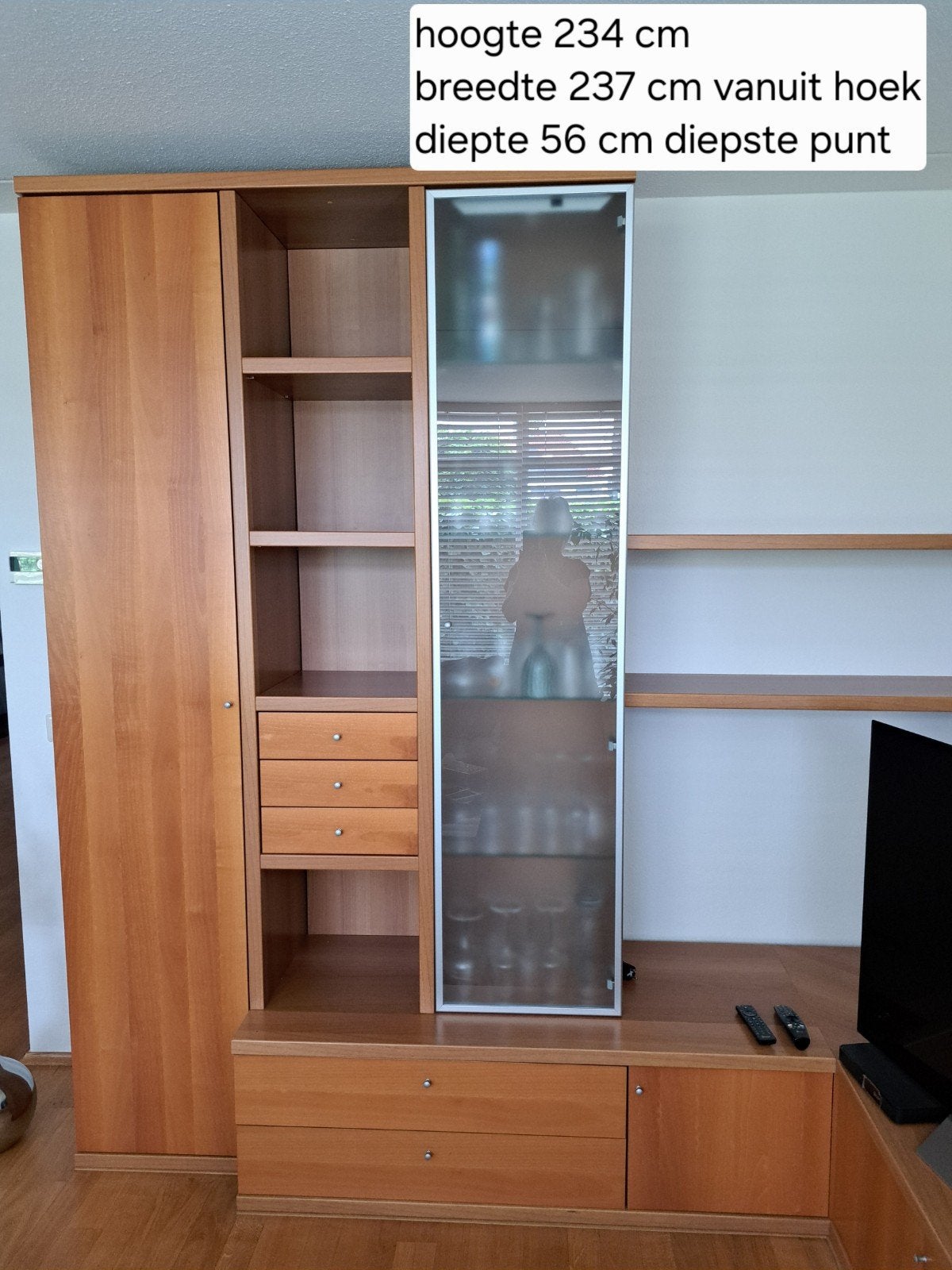 Wandkast met lades, deuren en planken (excl. inhoud/tv), Gebruikt, Met deur(en), 200 cm of meer, Ophalen of Verzenden