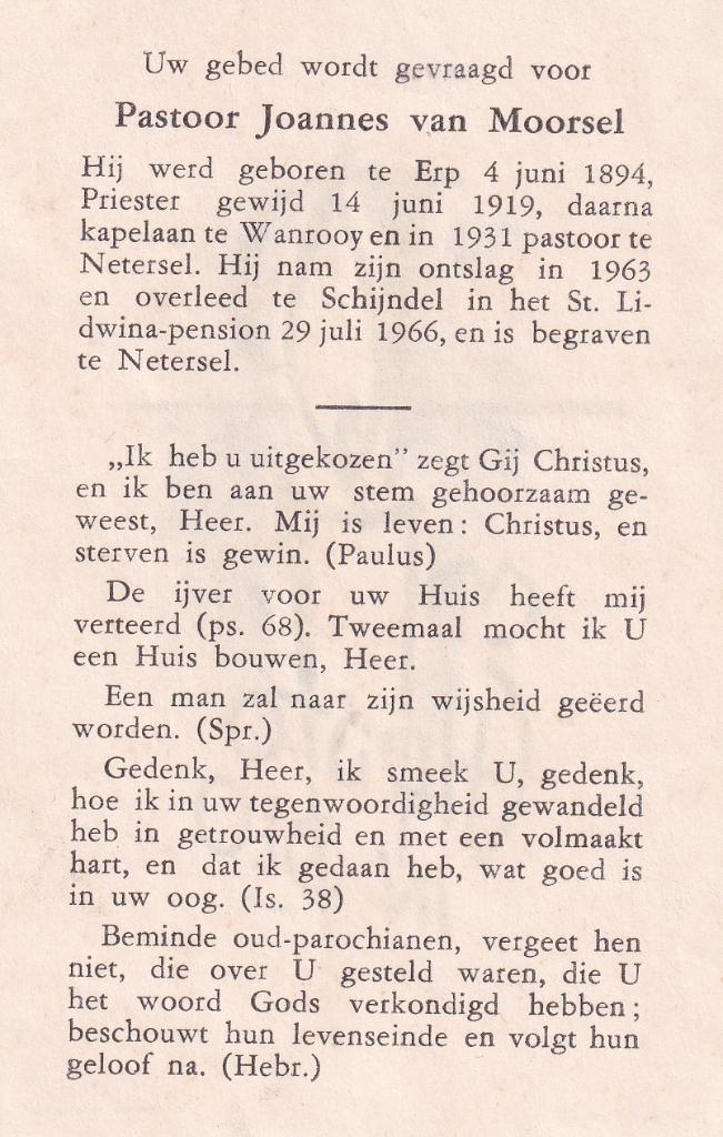 Moorsel Joannes 1894 Erp 1966 Schijndel, Verzamelen, Ophalen of Verzenden, Bidprentje