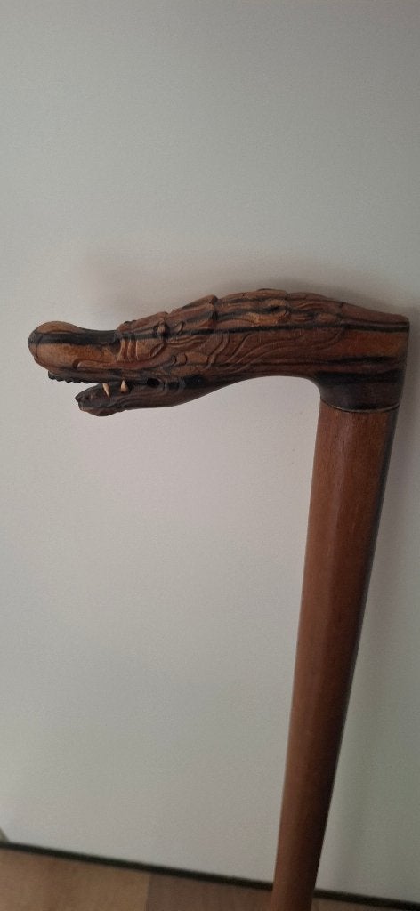 Handgesneden houten wandelstok drakenkop, vintage, Onbekend, Ophalen of Verzenden, Zo goed als nieuw, Onbekend