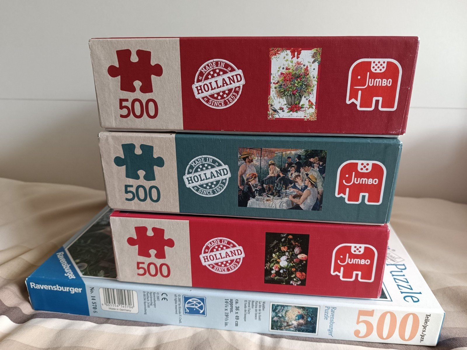4 mooie legpuzzels 500 stukjes Jumbo, Ravensburger, Ophalen of Verzenden, 500 t/m 1500 stukjes, Gebruikt, Legpuzzel