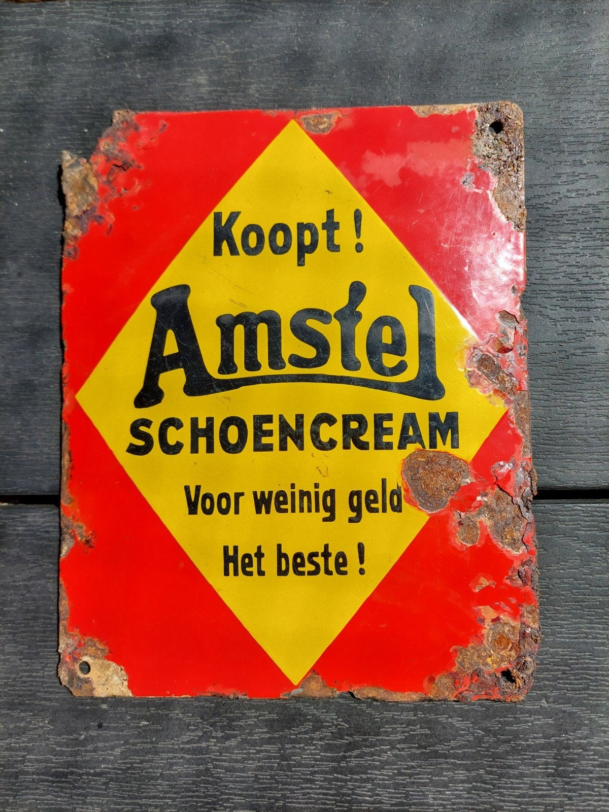 Amstel schoencream  emaille reclamebordje, Verzamelen, Merken en Reclamevoorwerpen, Ophalen of Verzenden, Gebruikt, Reclamebord