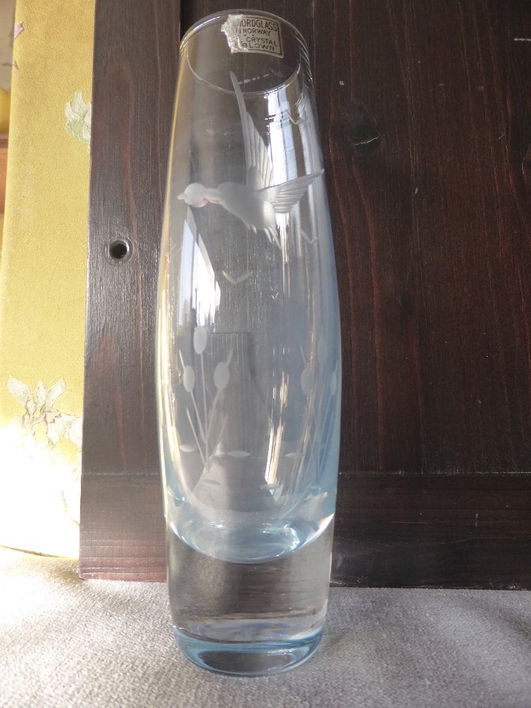 Lichtblauwe Randsfjord glassverk vaas met eend en lisdodden, Overige materialen, Gebruikt, Blauw, Ophalen of Verzenden