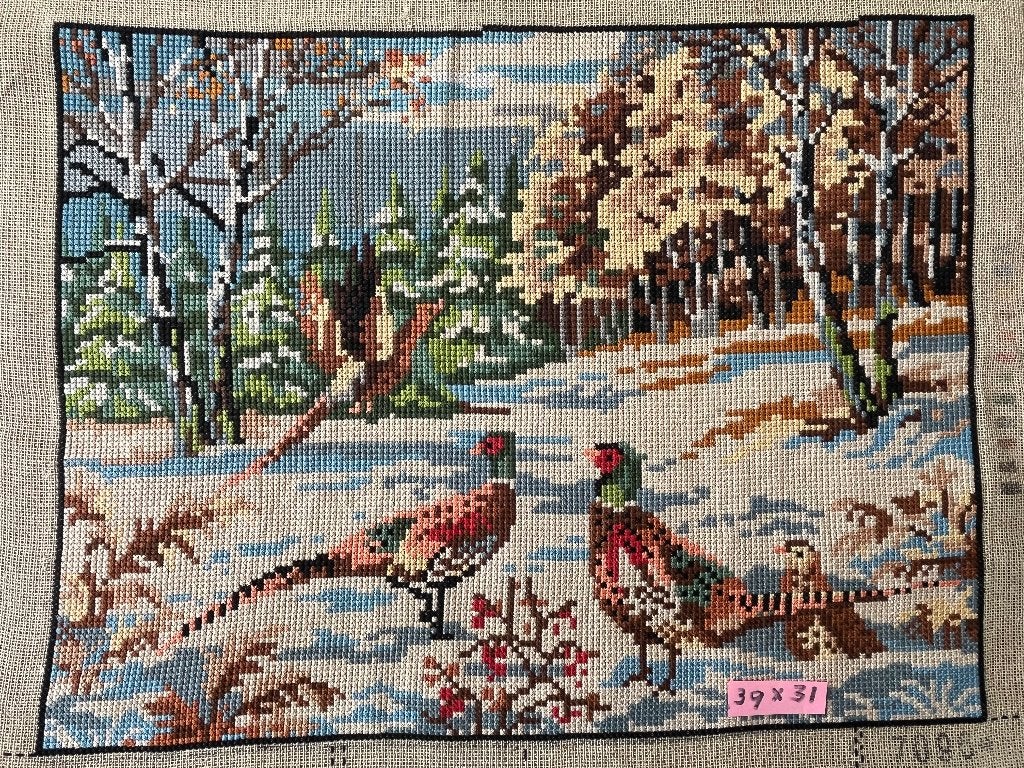 Fazanten geborduurd 39 x 31 cm, Minder dan 50 cm, Ophalen of Verzenden, Zo goed als nieuw, Schilderij