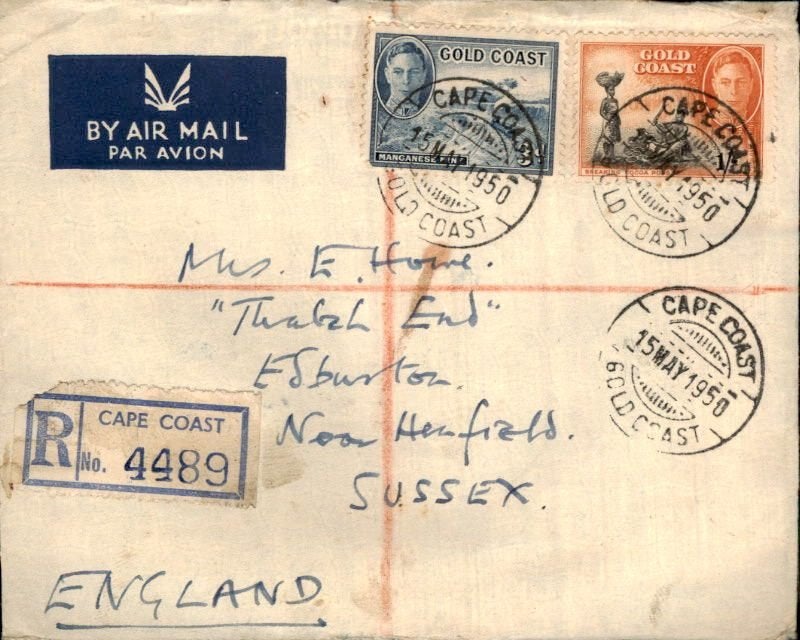 Goudkust - Engeland - Aangetekend - 1950, Postzegels en Munten, Brieven en Enveloppen | Buitenland, Verzenden, Envelop