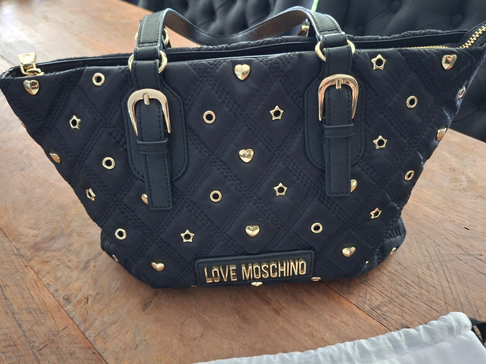 Love Moschino tas zwart met gouden hartjes, Ophalen of Verzenden, Zo goed als nieuw, Zwart, Shopper