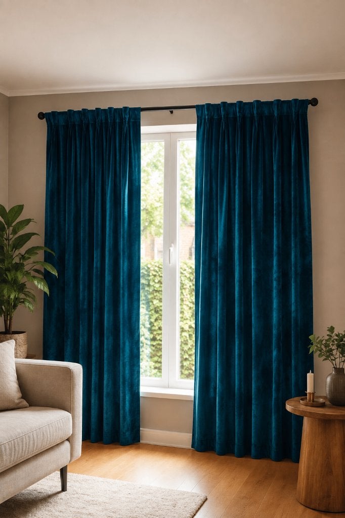 4 x HEMA velours gordijnen petrolblauw, Gebruikt, Blauw, Fluweel, Ophalen of Verzenden