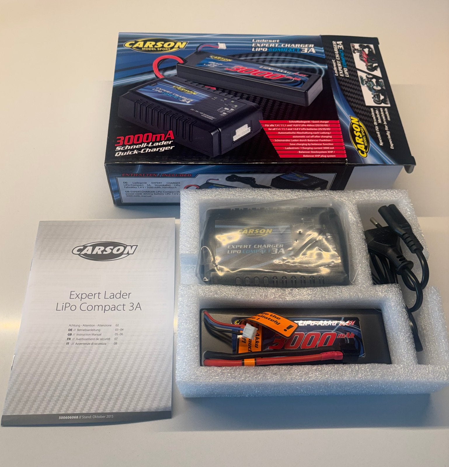 Carson Expert Lader LiPo Compact 3a & LiPo Accu 7.4v 3000mAh, Ophalen of Verzenden, Nieuw, Overige schalen, Onderdeel