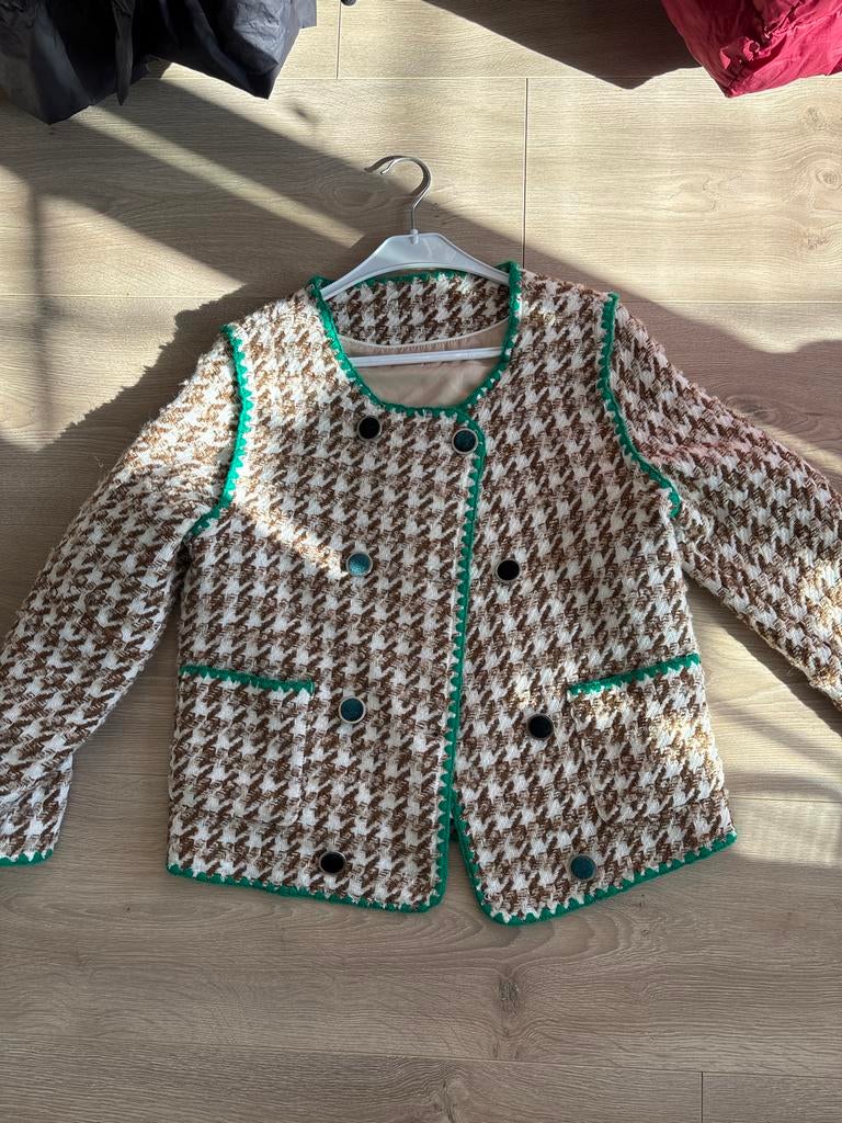Tweed jasje met pied-de-poule patroon en groene accenten, Ophalen of Verzenden, Zo goed als nieuw, Maat 38/40 (M), Bruin