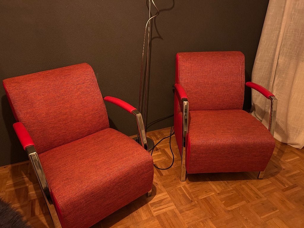 2 Montèl fauteuils - rood, Huis en Inrichting, Ophalen, 75 tot 100 cm, Zo goed als nieuw, Modern