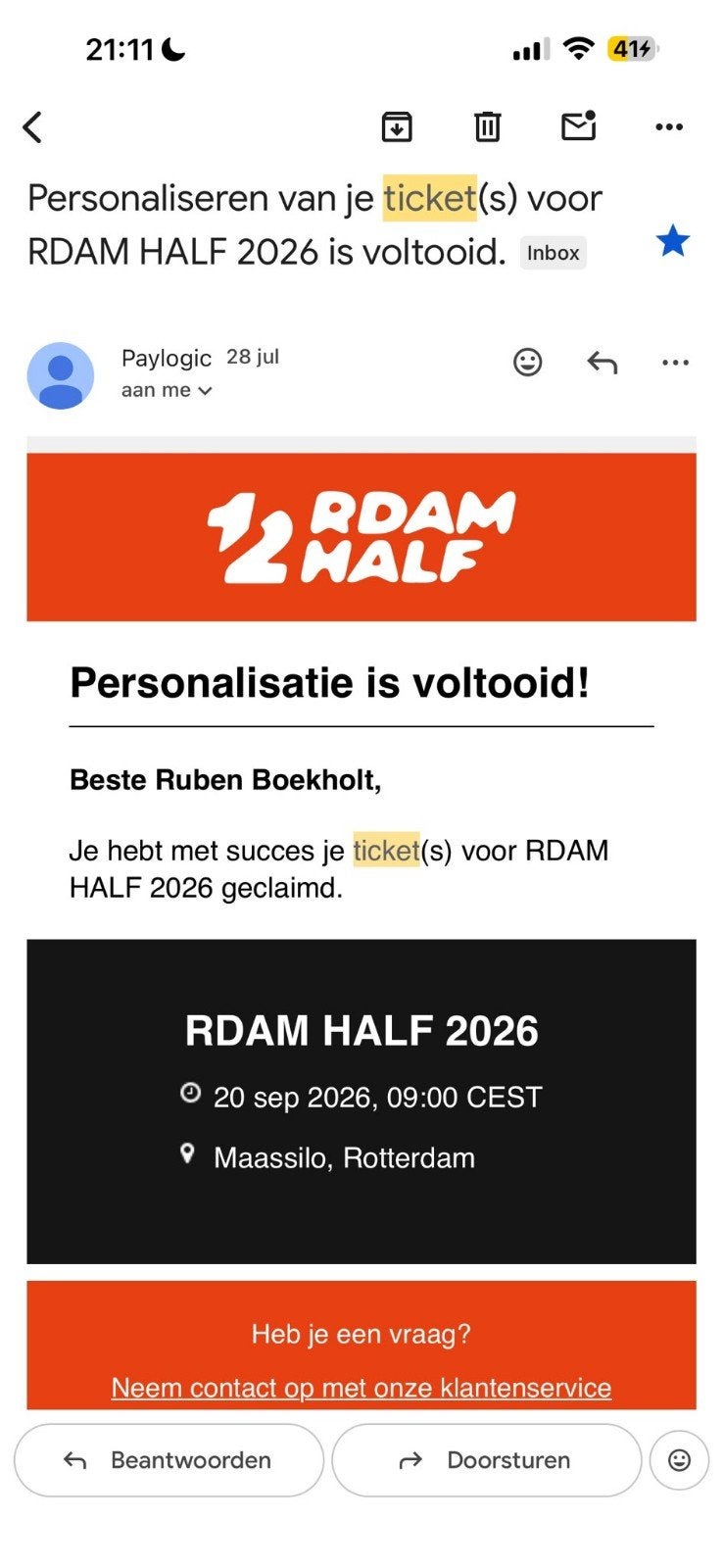 startbewijs halve marathon Rotterdam, Tickets en Kaartjes, Eén persoon