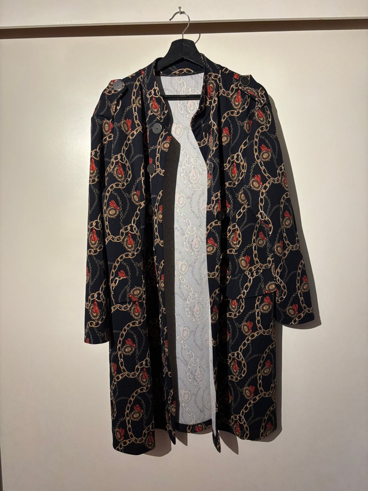 Lang jasje/vest van magna donkerblauw/goud kleur maat 52/54, Kleding | Dames, Ophalen of Verzenden, Zo goed als nieuw, Blauw, Jasje of Colbert
