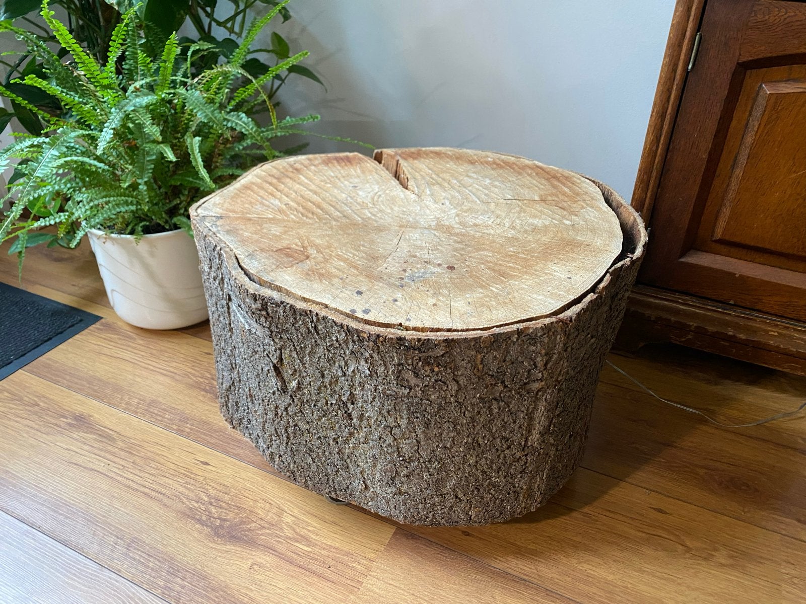 Unieke boomstam bijzettafel met wieltjes, Ophalen, Hout, Gebruikt, Landelijk