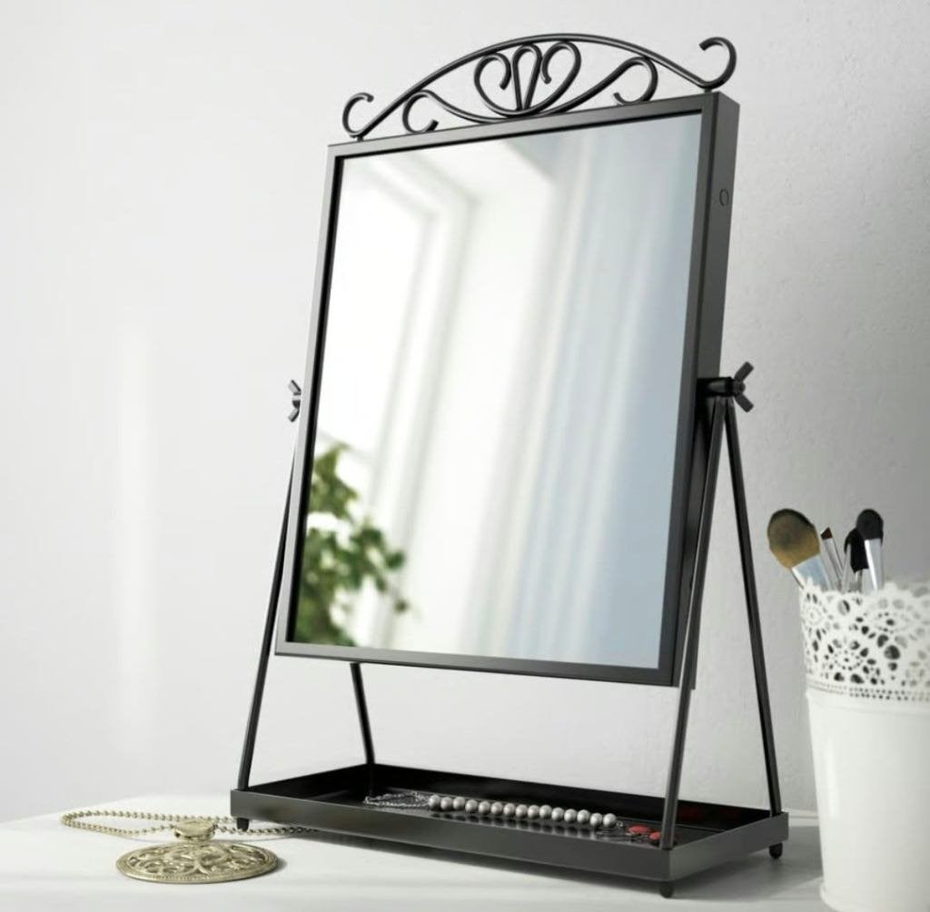 Draaibare Tafelspiegel met bakje voor sieraden of make-up, Minder dan 50 cm, Ophalen of Verzenden, Zo goed als nieuw, Minder dan 100 cm