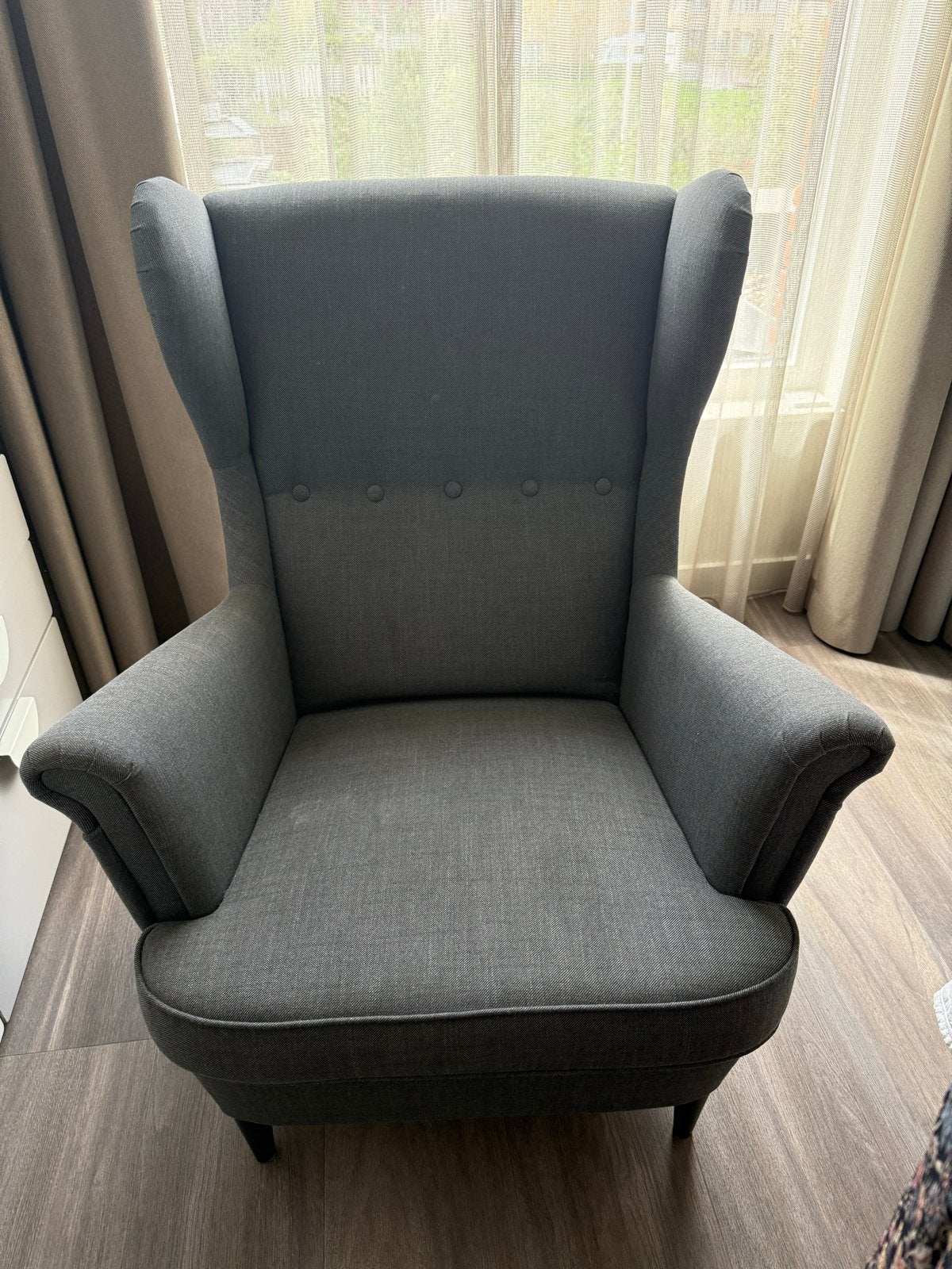 Ikea STRANDMON oorfauteuil donkergrijs, Ophalen of Verzenden, Zo goed als nieuw, Stof, 75 tot 100 cm