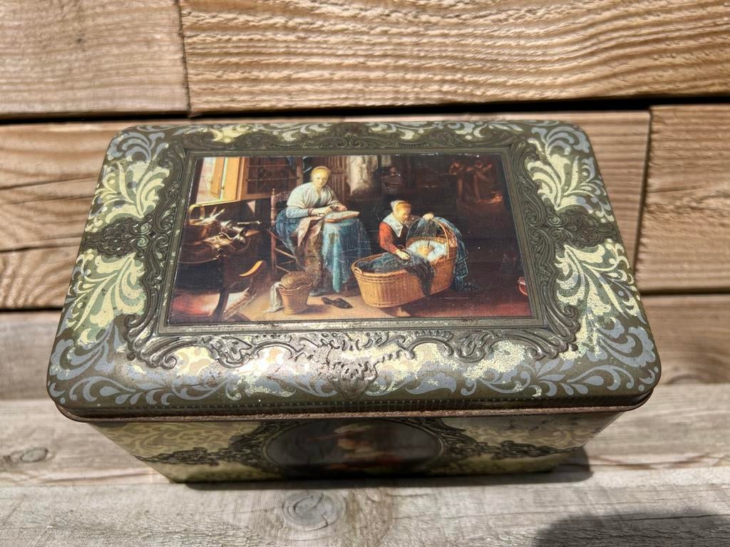 Vintage blikken trommel met klassieke afbeeldingen, Ophalen of Verzenden, Gebruikt, Overige, Overige merken