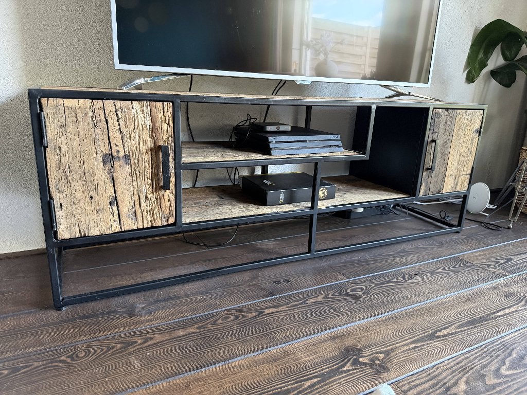Goossens Otik TV-meubel – Teakhout – Driftwood – Industrieel, Ophalen, Gebruikt, Teakhout, 150 tot 200 cm