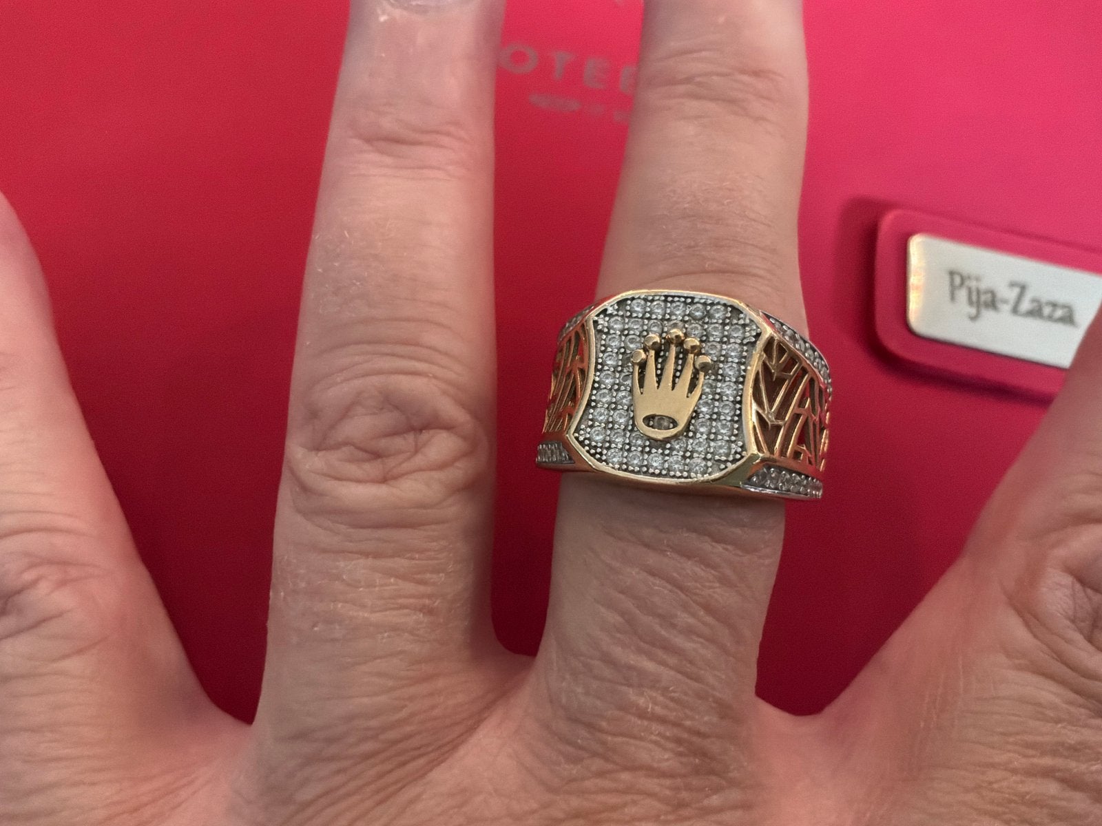 Bijzonder vintage gouden ring Rolex logo , zirkoon, 585 goud, 20 of groter, Verzenden, Heer, Zo goed als nieuw