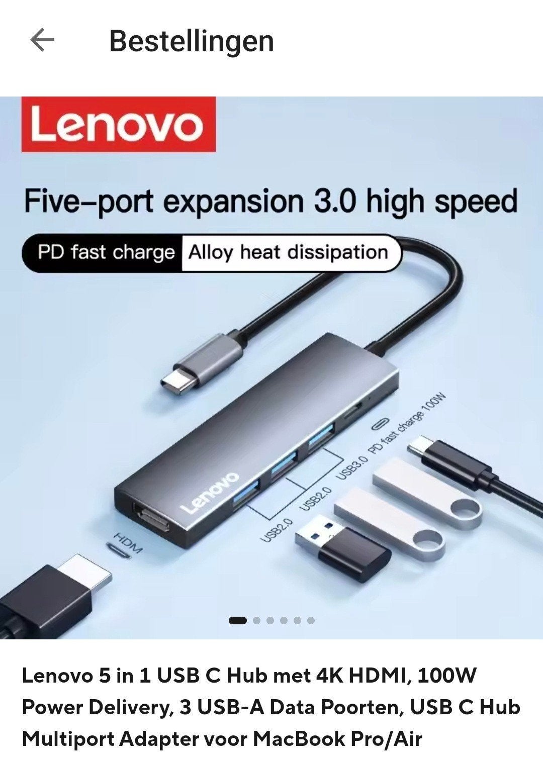 Lenovo usb C hub 5 in 1, Computers en Software, Nieuw, Ophalen of Verzenden, Laptop, USB-hub