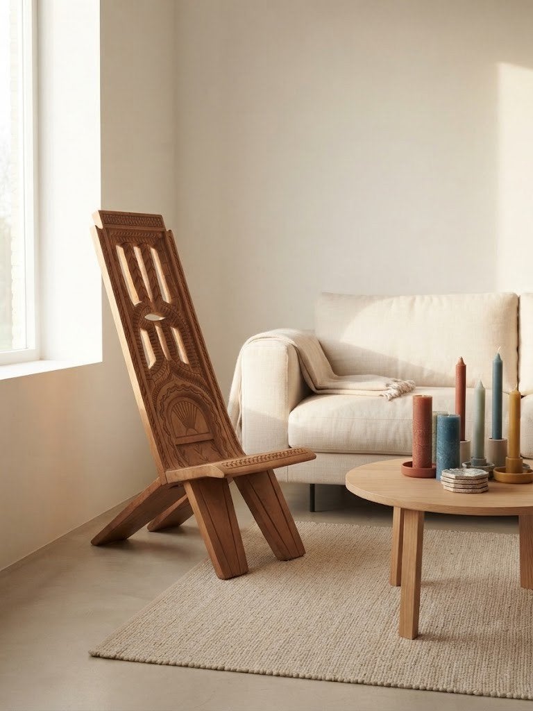 Houten stoel bohemian Surinaams manbangi marron, Ophalen