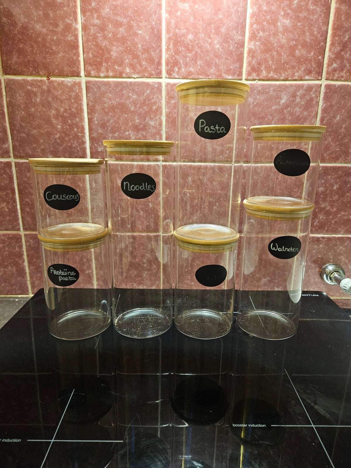 Glazen voorraadpotten met bamboe deksel - set van 6, Ophalen, Glas, Zo goed als nieuw, Voorraadpot