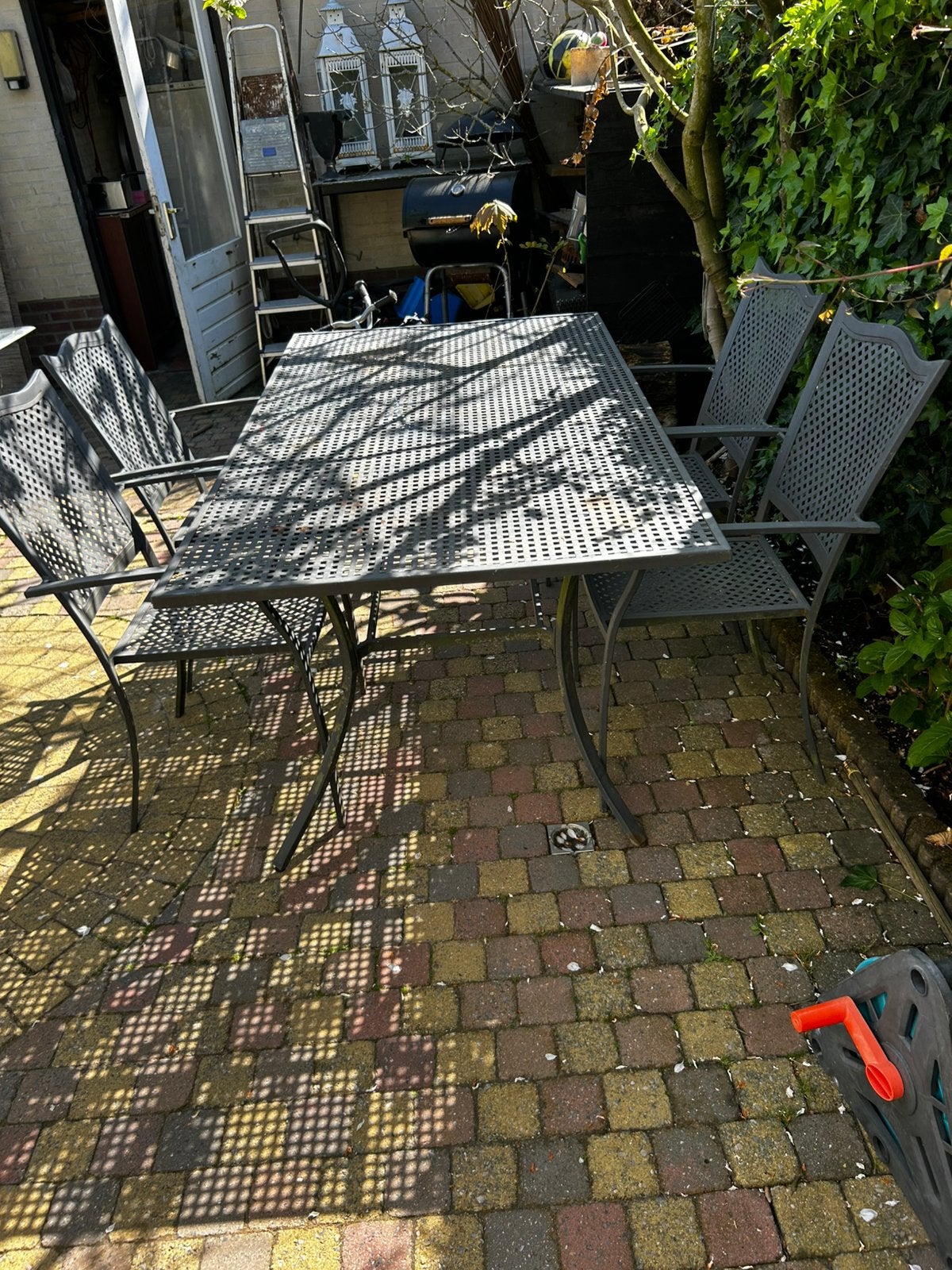 Brocante ijzer aluminium antraciet tuinset / tafel 4 stoelen, Ophalen of Verzenden, Zo goed als nieuw, Aluminium