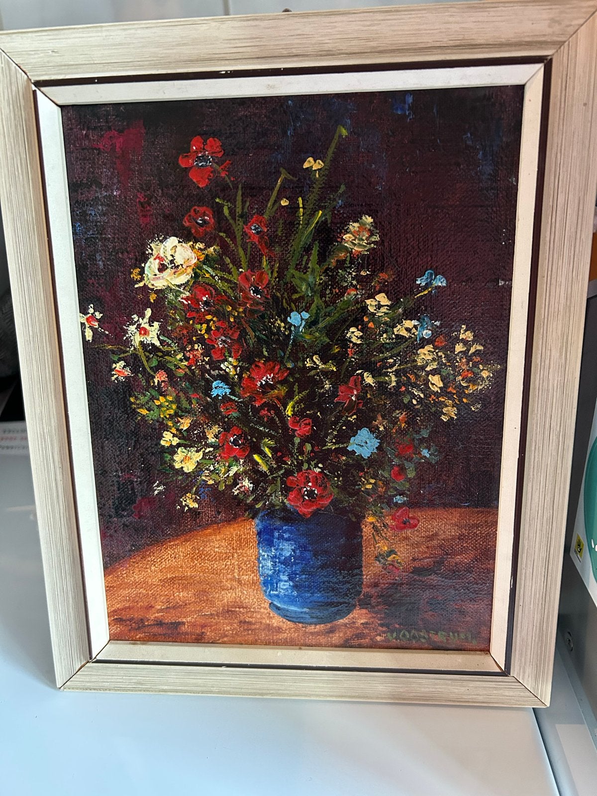 Vintage Antiek Bloemen Schilderij in vaas, Antiek en Kunst, Bloemen, Paneel, Overige technieken, Ophalen of Verzenden