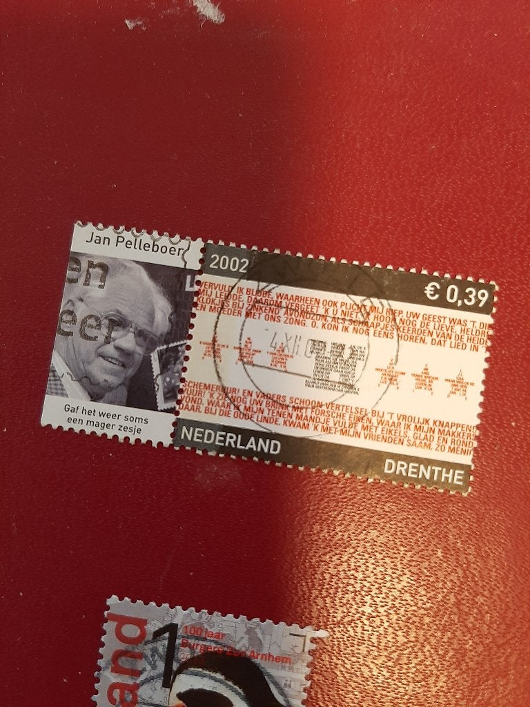 2002 Provinciezegel Drenthe met tab Jan Pelleboer weerman, Postzegels en Munten, Verzenden, Gestempeld