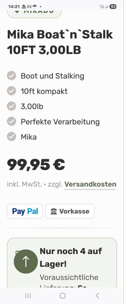 Mika Products Boat 'n' Stalk 10ft 3.0lb Werphengel, Watersport en Boten, Hengelsport | Karpervissen, Ophalen of Verzenden, Werphengel
