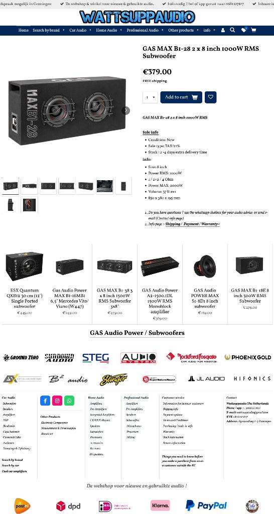 GAS MAX B1-28 2 x 8 inch 1000W RMS Subwoofer, Info@optimount.nl, Nieuw, Ophalen of Verzenden, Anholtseweg 48A 7091 HB DINXPERLO