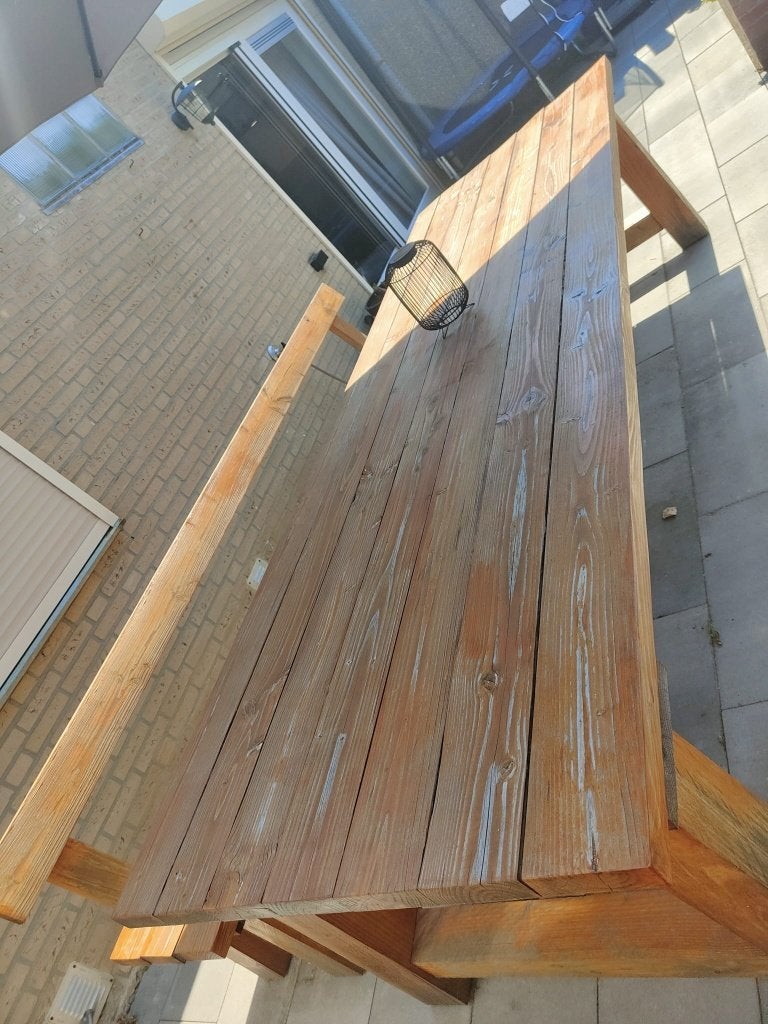 Te koop: Robuuste Douglas picknicktafel met vaste bank, Tuin en Terras, Picknicktafels, Ophalen, Gebruikt, Rechthoekig, Hout