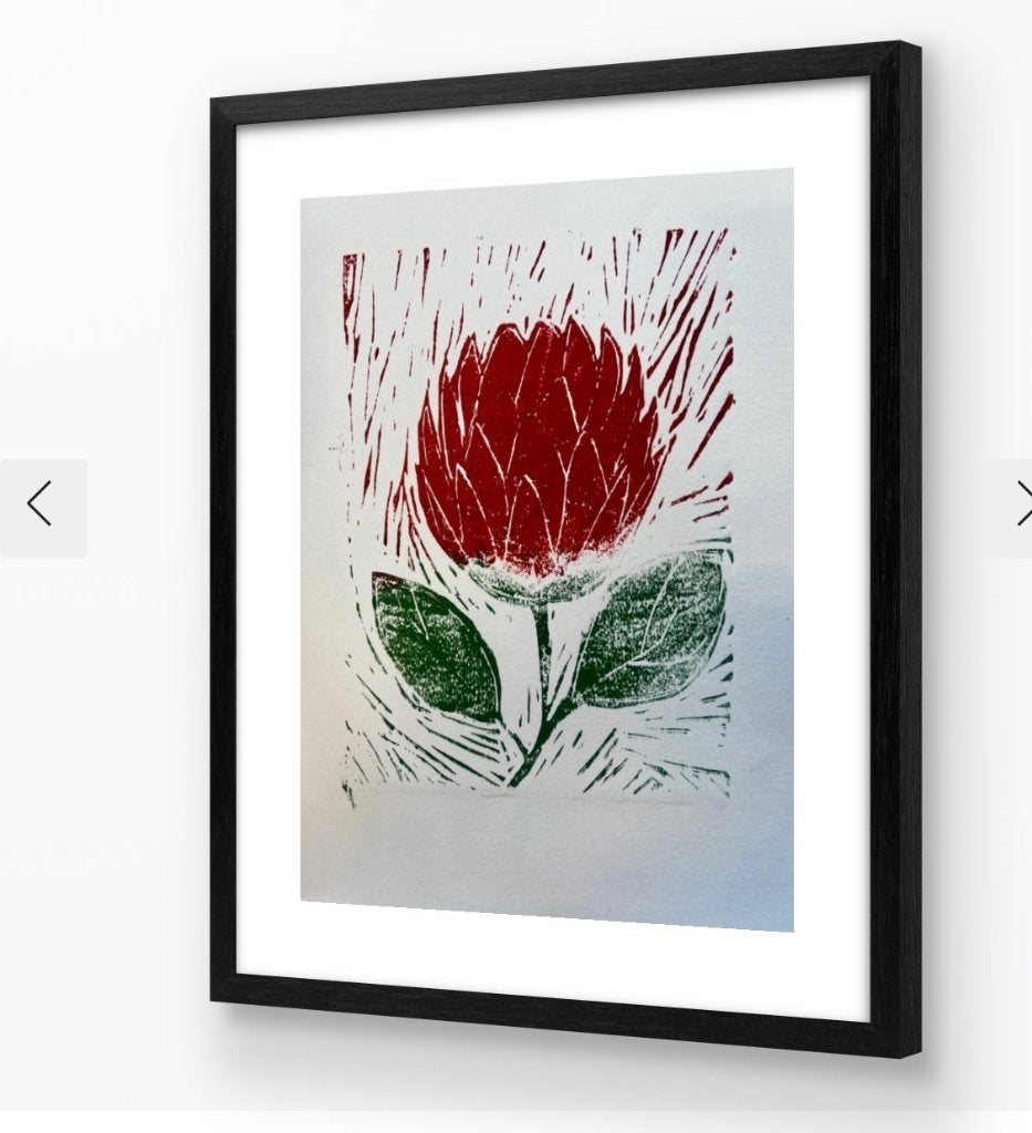 Protea Bloem Linodruk - Rood en Groen, Antiek en Kunst, Kunst | Etsen en Gravures, 2000 tot heden, 30 cm, Overige technieken, Ophalen of Verzenden