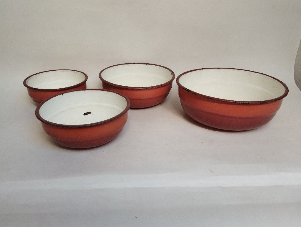 4 emaille nestschalen Oranje gevlamd (terracotta), Ophalen