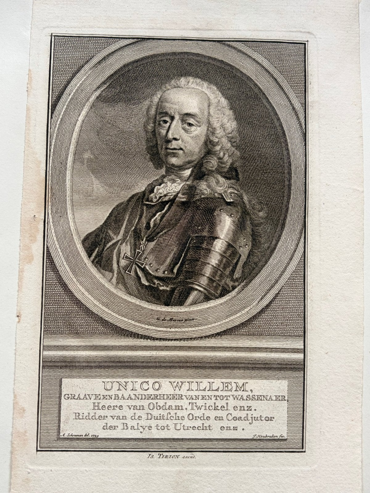 Antieke Kopergravure Unico Willem van Wassenaer (1759), Ophalen of Verzenden, Gravure, Met tekst, 11 cm