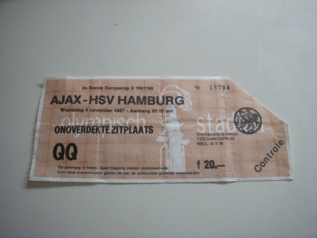 Toegangskaartje Ajax-HSV Hamburg Olympisch stadion 1987, Verzamelen, Ophalen of Verzenden, Gebruikt, Ajax, Overige typen