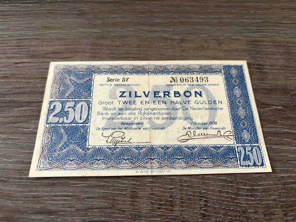 Prachtig biljet 2,5 gulden 1938, zilverbon, Ophalen of Verzenden, 1 gulden