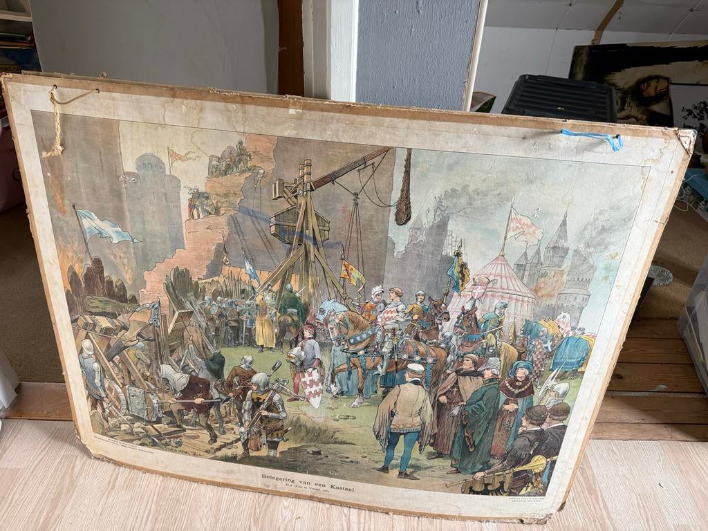 Antieke schoolplaten: Beleg van een Kasteel & Slagveld, Antiek en Kunst, Antiek | Schoolplaten, Ophalen of Verzenden, Geschiedenis